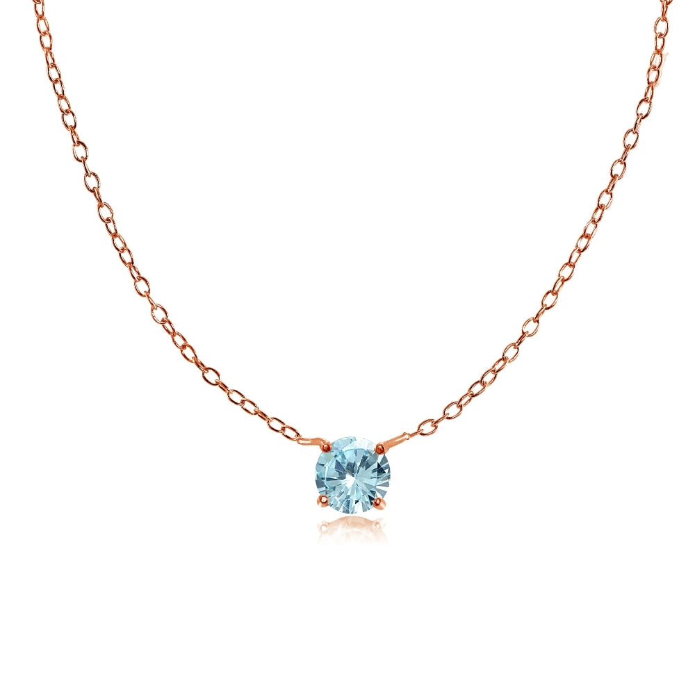 Rose Gold Flashed Sterling Silver Small Dainty Round Blue Topaz Choker Necklace