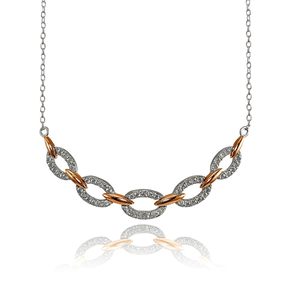 Rose Gold Flashed Sterling Silver Two-Tone Cubic Zirconia Oval Link Frontal Necklace