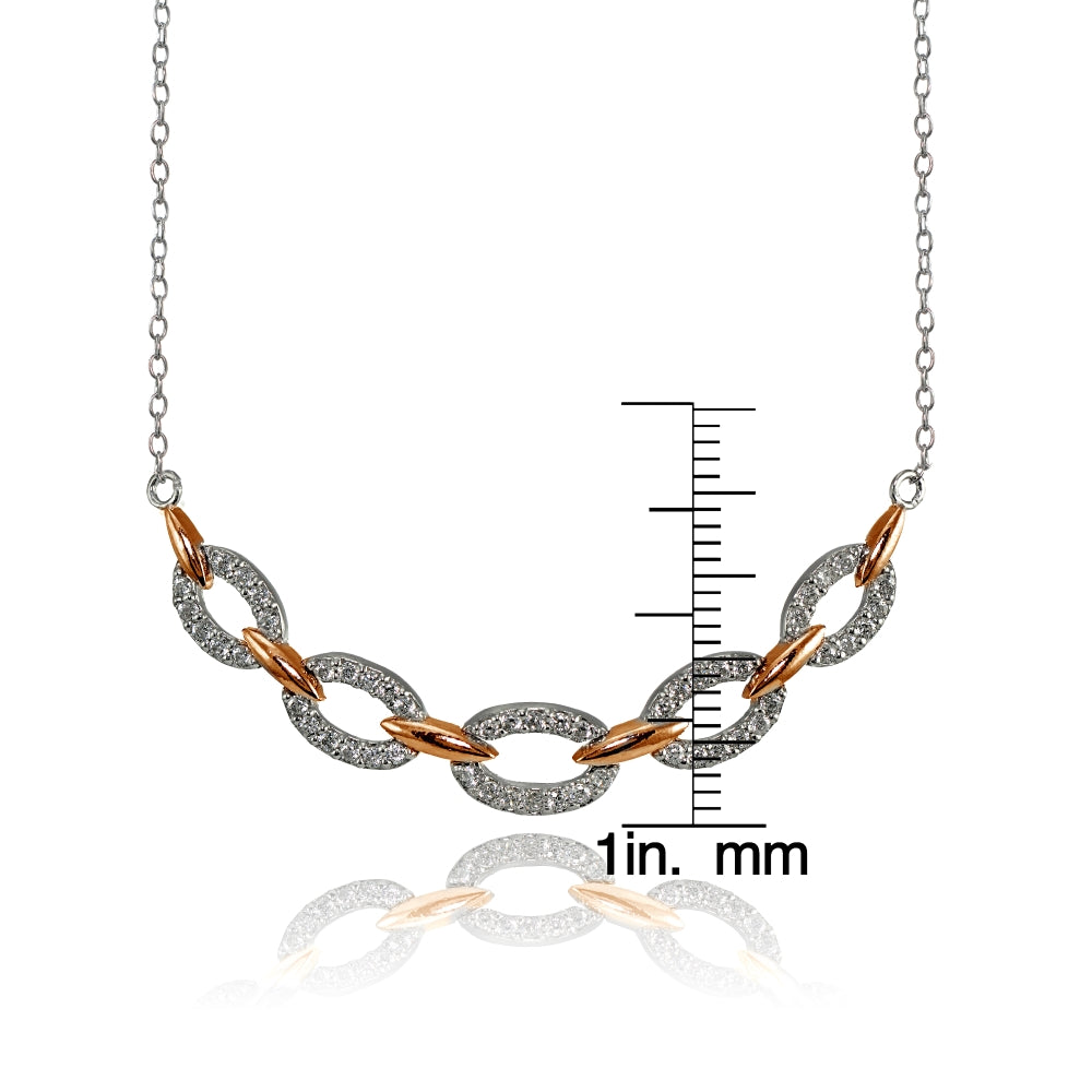 Rose Gold Flashed Sterling Silver Two-Tone Cubic Zirconia Oval Link Frontal Necklace-3