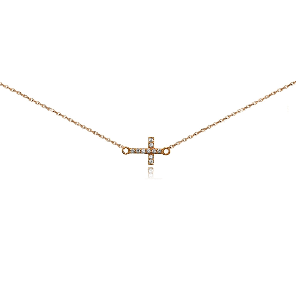 Rose Gold Flashed Sterling Silver Cubic Zirconia Sideways Cross Choker Necklace