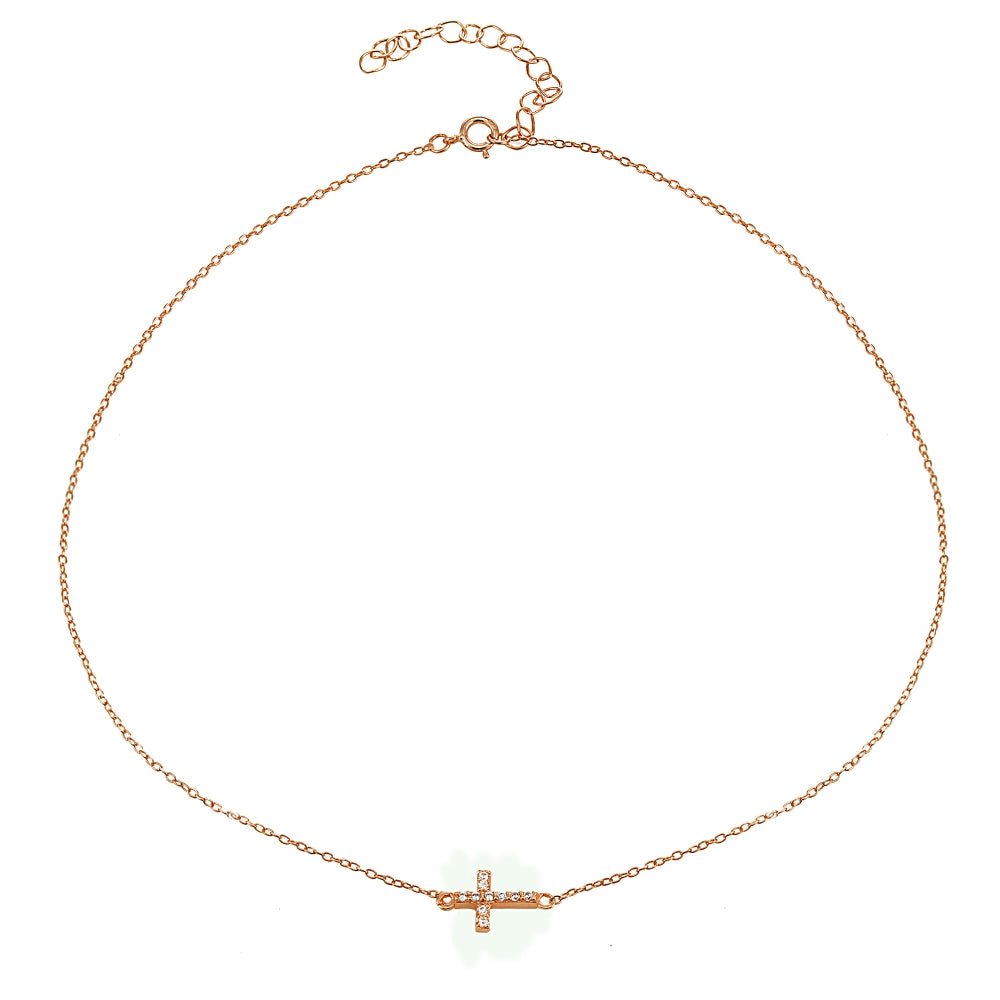 Rose Gold Flashed Sterling Silver Cubic Zirconia Sideways Cross Choker Necklace-2