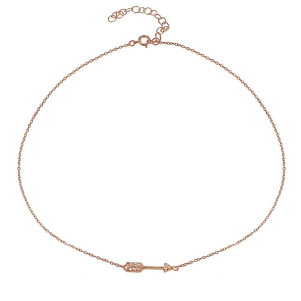 Rose Gold Flashed Sterling Silver Cubic Zirconia Sideways Arrow Choker Necklace-2