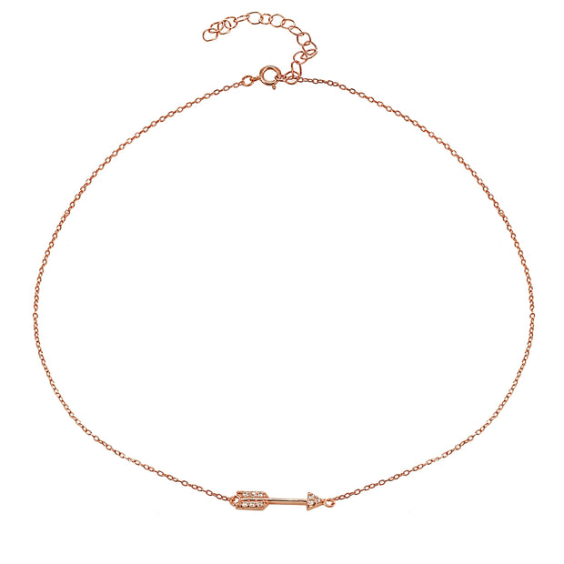 Rose Gold Flashed Sterling Silver Cubic Zirconia Sideways Arrow Choker Necklace