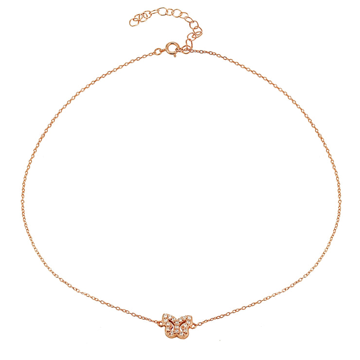 Rose gold Flashed Sterling Silver Cubic Zirconia Butterfly Choker Necklace