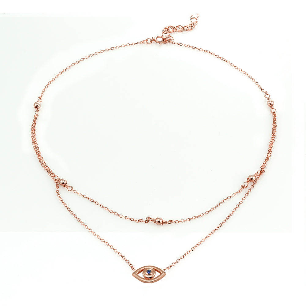 Rose Gold Flashed Sterling Silver Blue CZ Evil Eye Layered Choker Necklace-3