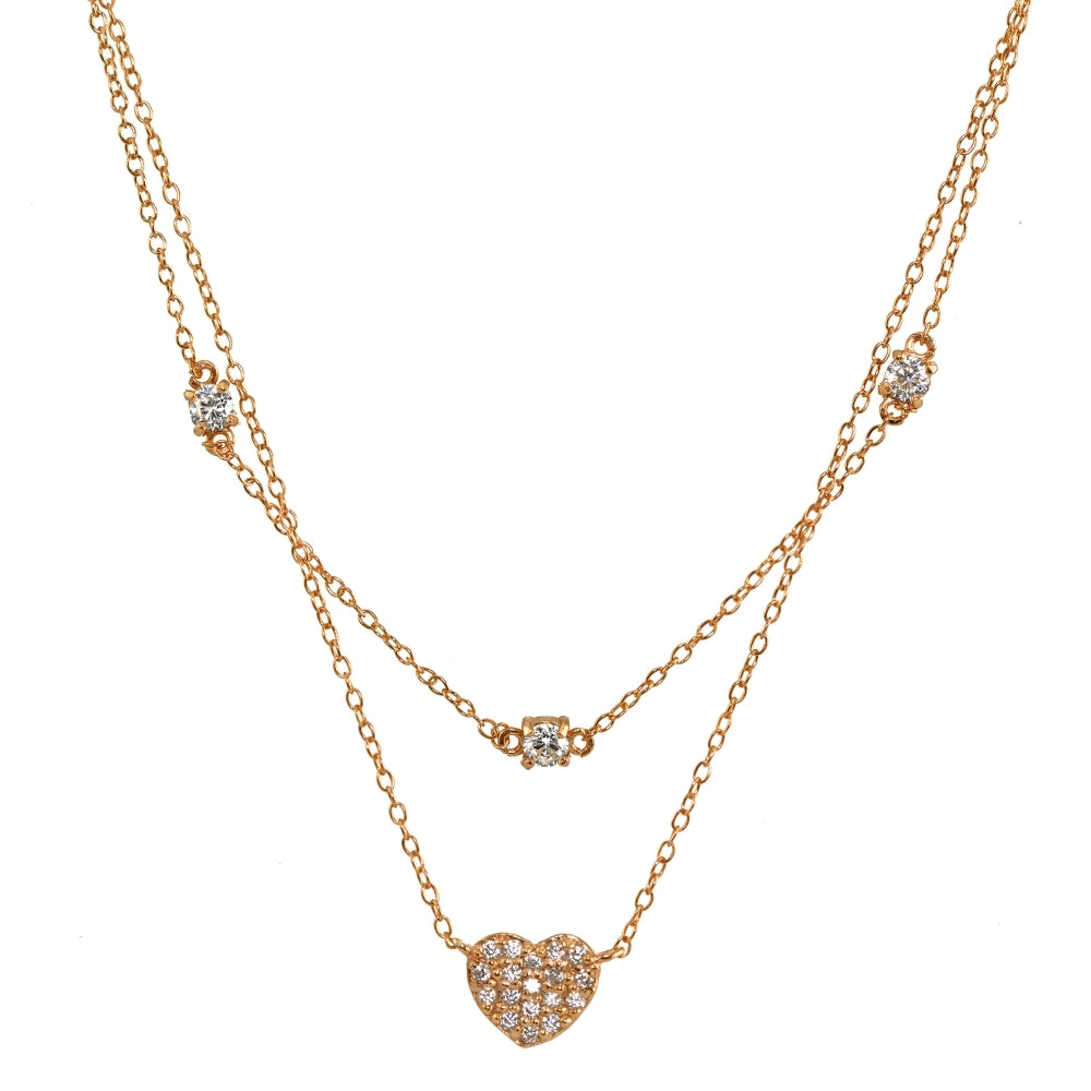 Rose Gold Flashed Sterling Silver Cubic Zirconia Heart Layered Choker Necklace