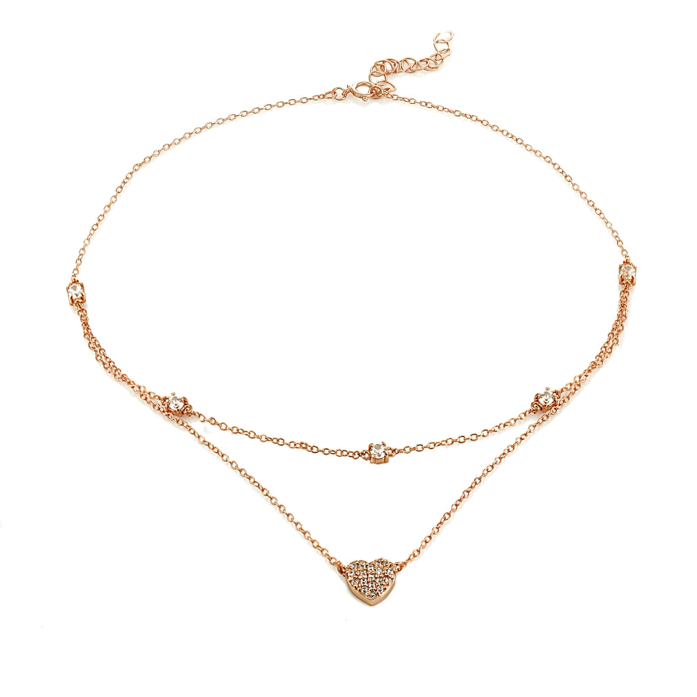 Rose Gold Flashed Sterling Silver Cubic Zirconia Heart Layered Choker Necklace-3
