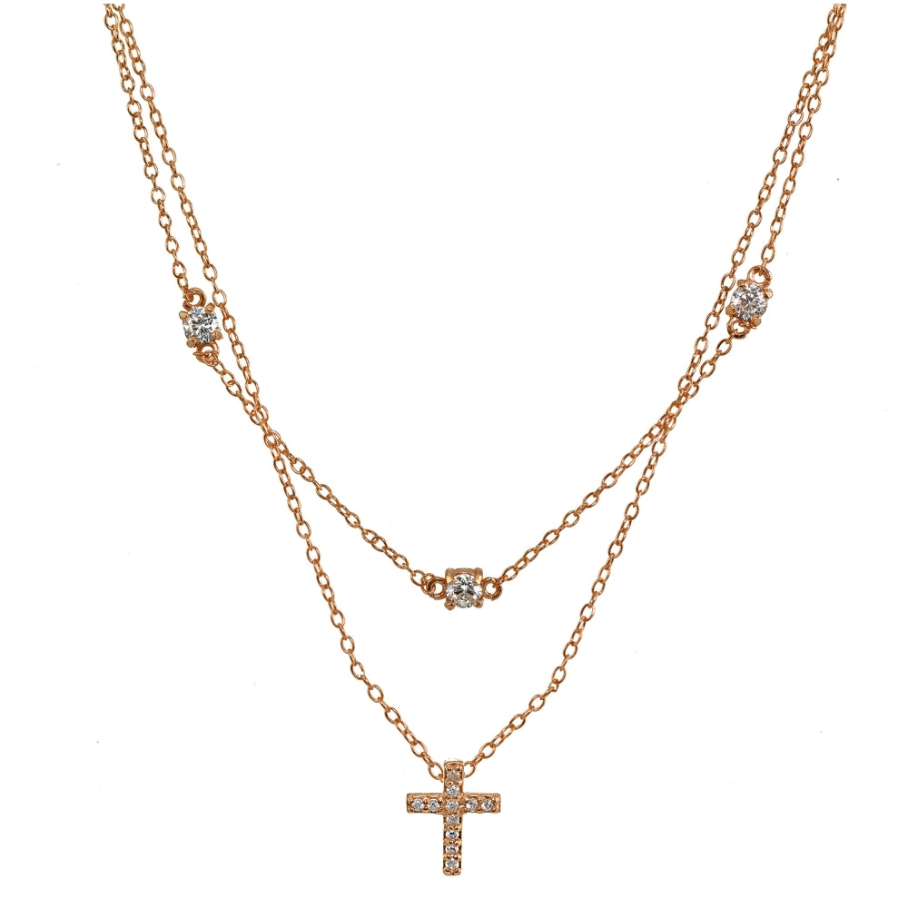 Rose Gold Flashed Sterling Silver Cubic Zirconia Cross Layered Choker Necklace