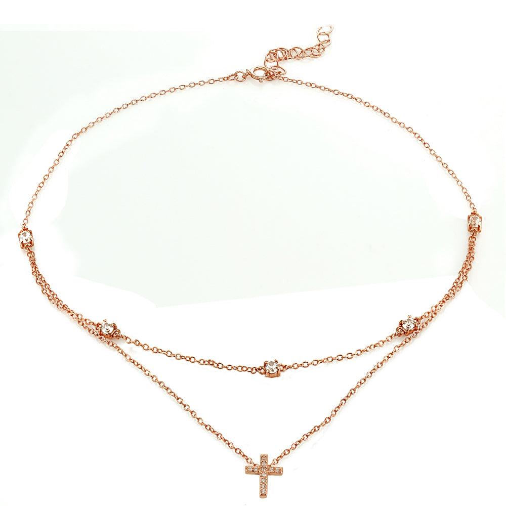 Rose Gold Flashed Sterling Silver Cubic Zirconia Cross Layered Choker Necklace-3
