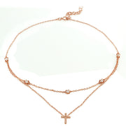 Rose Gold Flashed Sterling Silver Cubic Zirconia Cross Layered Choker Necklace