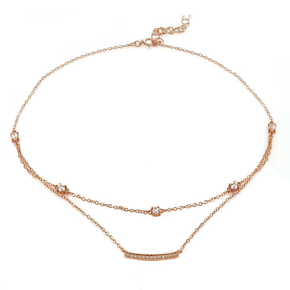 Rose Gold Flashed Sterling Silver Cubic Zirconia Bar Layered Choker Necklace-3