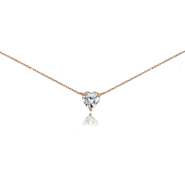 Rose Gold Flashed Sterling Silver Cubic Zirconia 6mm Heart Solitaire Necklace