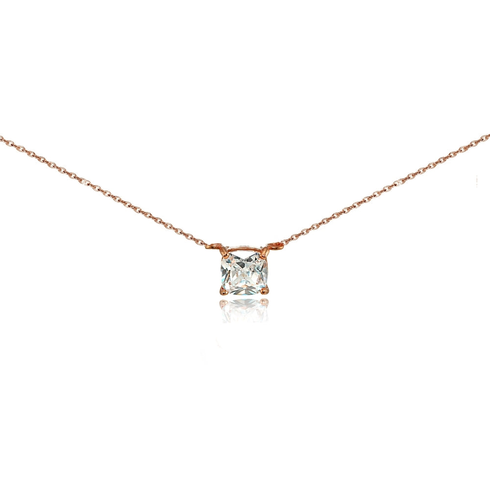 Rose Gold Flashed Sterling Silver Cubic Zirconia 6mm Cushion-cut Necklace
