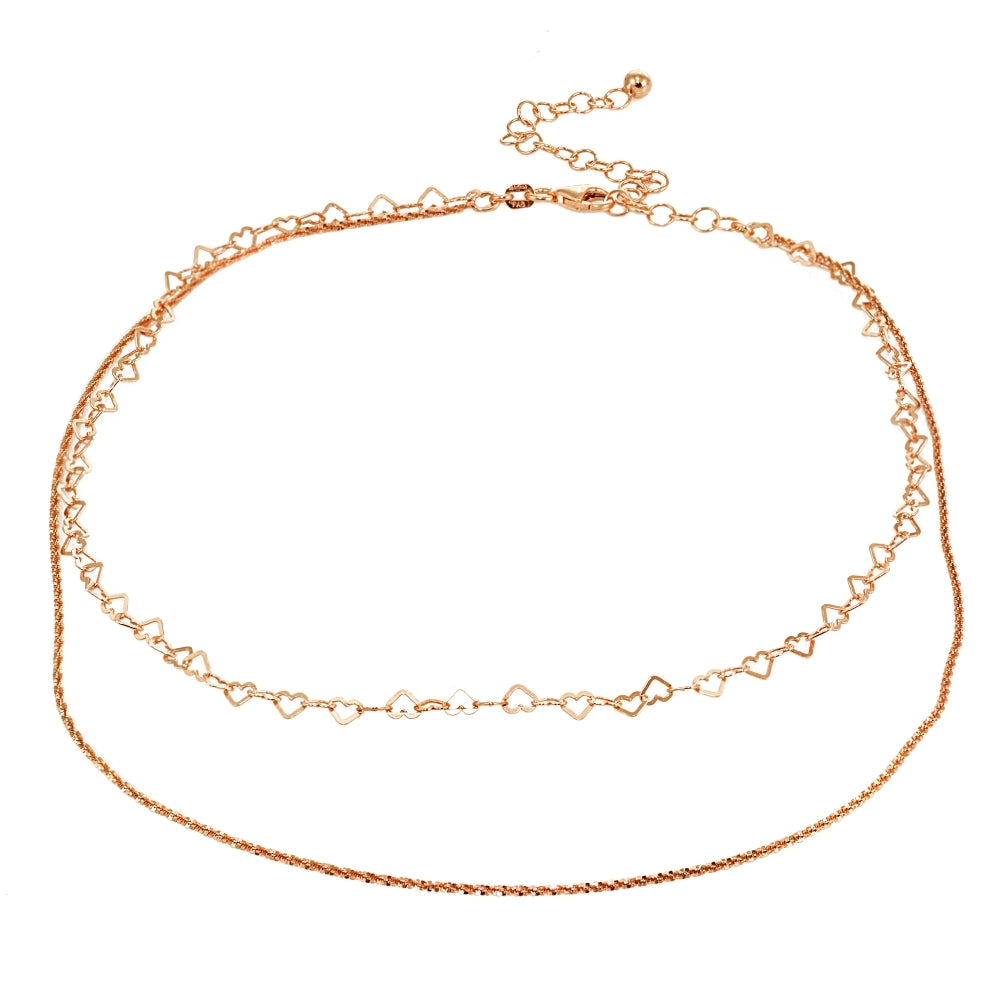 Rose Gold Flashed Sterling Silver Mirror Twist Rope & Open Heart Italian Chain Choker Layered Necklace