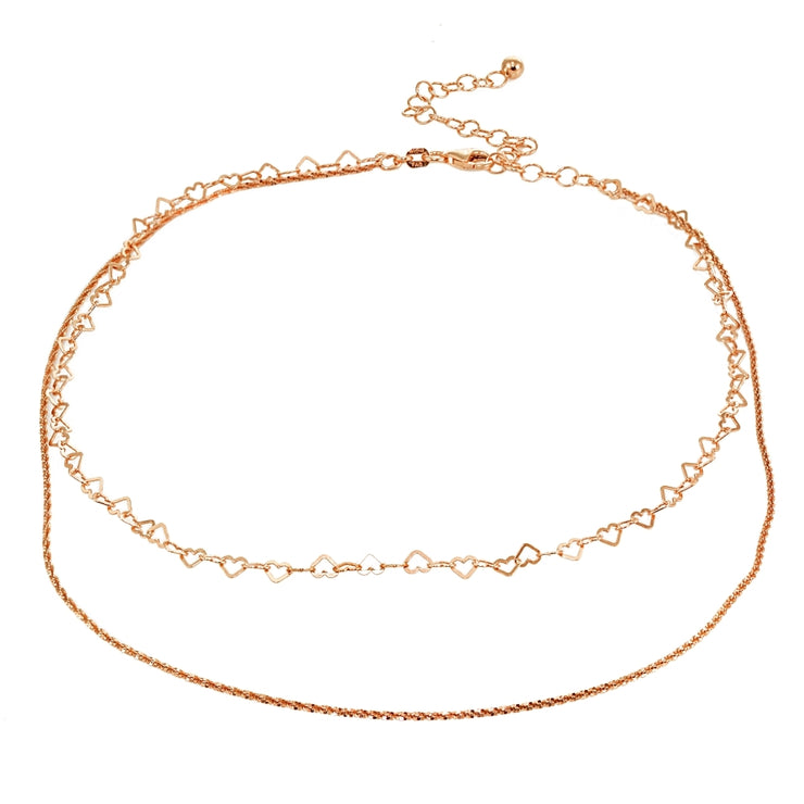 Rose Gold Flashed Sterling Silver Mirror Twist Rope & Open Heart Italian Chain Choker Layered Necklace