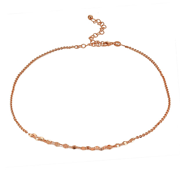 Rose Gold Flashed Sterling Silver Cable with Fashion Link Italian Chain Triple Layered Choker Necklace