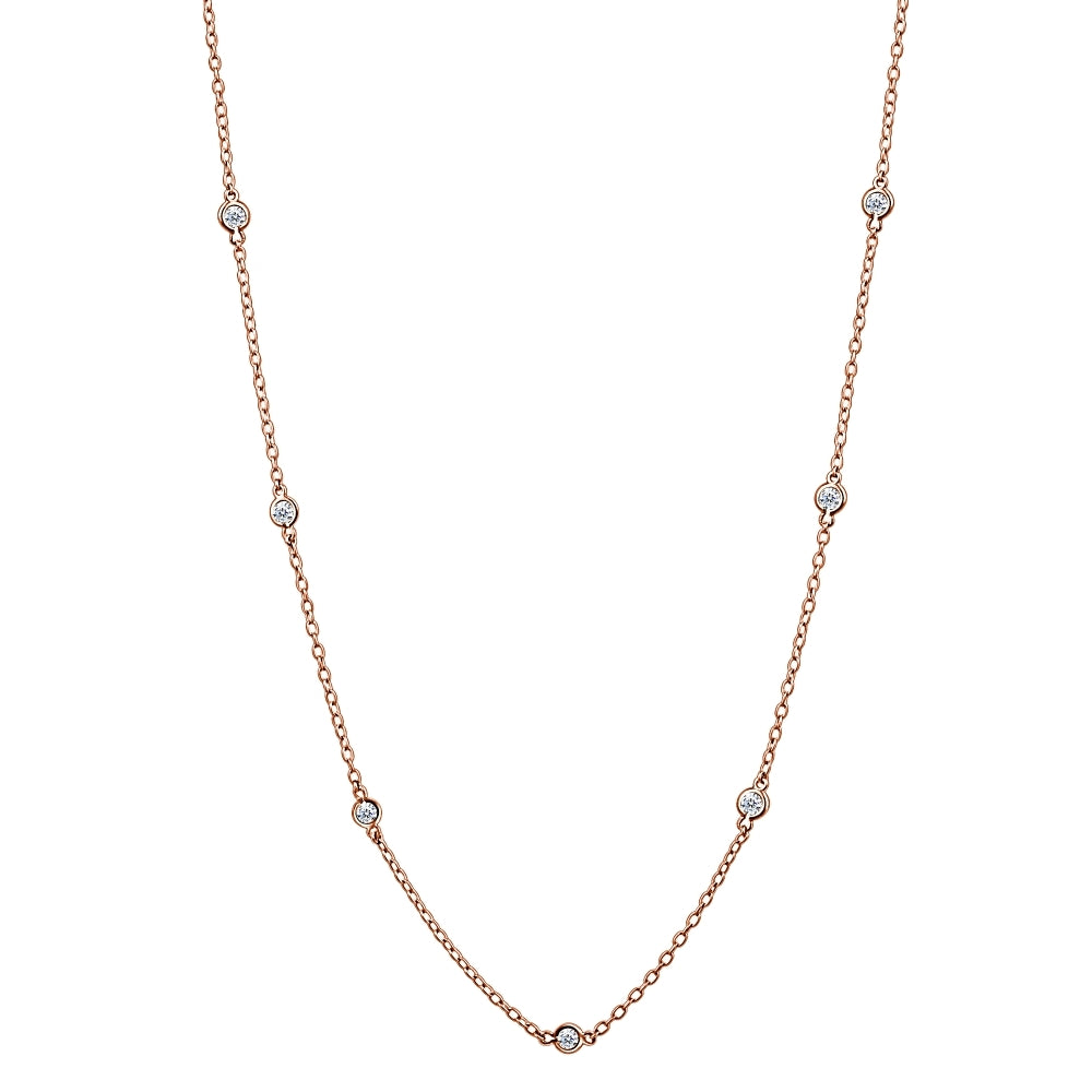 Rose Gold Flashed Sterling Silver CZ Station Dainty Chain Necklace, 16 Inches