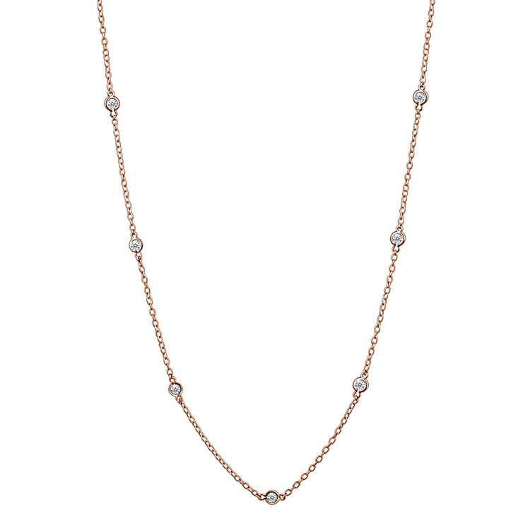 Rose Gold Flashed Sterling Silver CZ Station Dainty Chain Necklace, 16 Inches