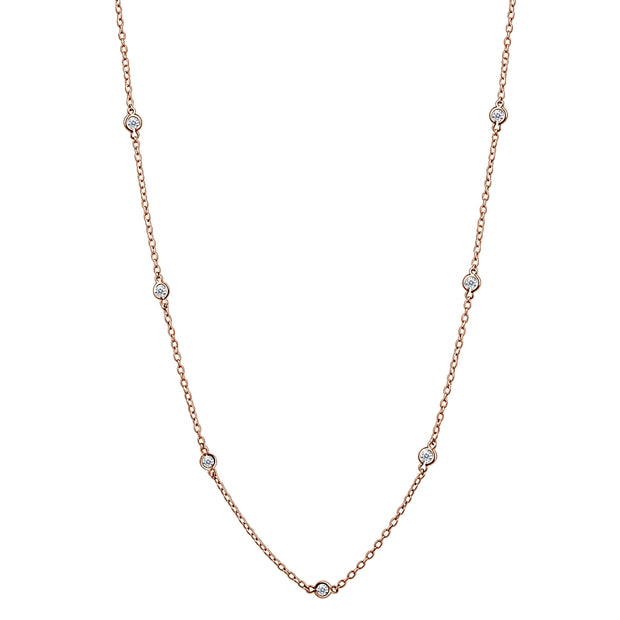 Rose Gold Flashed Sterling Silver CZ Station Dainty Chain Necklace, 18 Inches