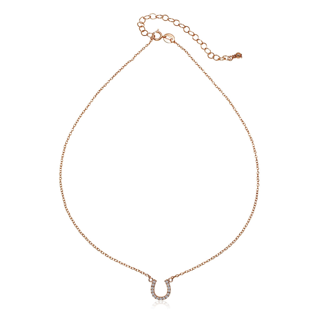 Rose Gold Flashed Sterling Silver Cubic Zirconia Horseshoe Lucky Charm Dainty Choker Necklace-2