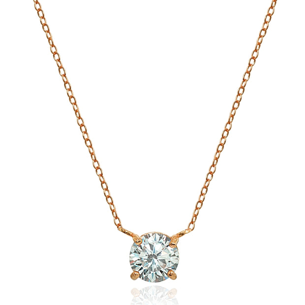 Rose Gold Flashed Sterling Silver Cubic Zirconia 6mm Round Dainty Solitaire Necklace
