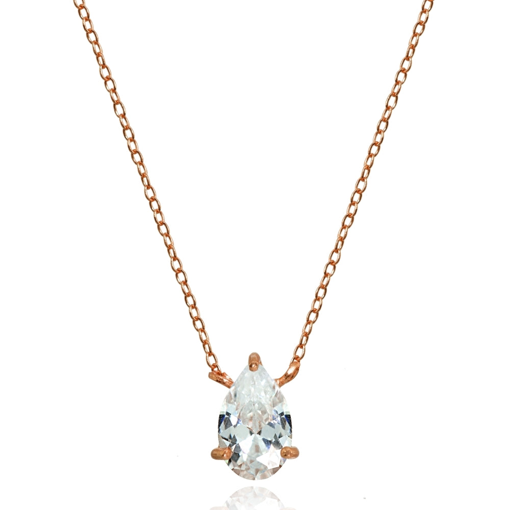Rose Gold Flashed Sterling Silver Cubic Zirconia 8x5mm Teardrop Dainty Solitaire Necklace