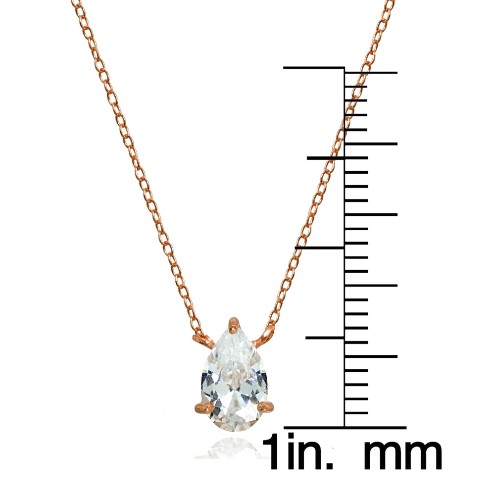 Rose Gold Flashed Sterling Silver Cubic Zirconia 8x5mm Teardrop Dainty Solitaire Necklace-3