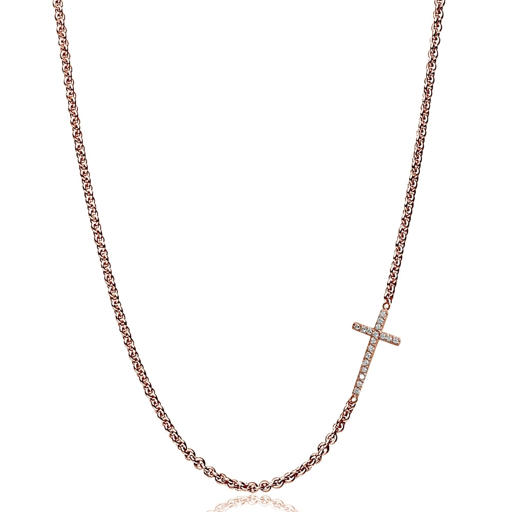 Rose Gold Flashed Sterling Silver Cubic Zirconia Cross Sideways Chain Necklace, 16" + Extender