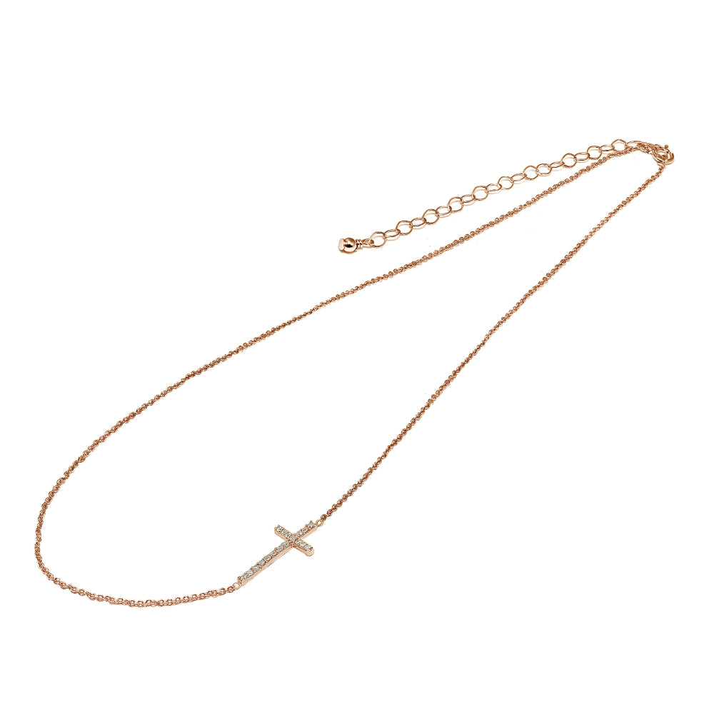 Rose Gold Flashed Sterling Silver Cubic Zirconia Cross Sideways Chain Necklace, 16" + Extender-2