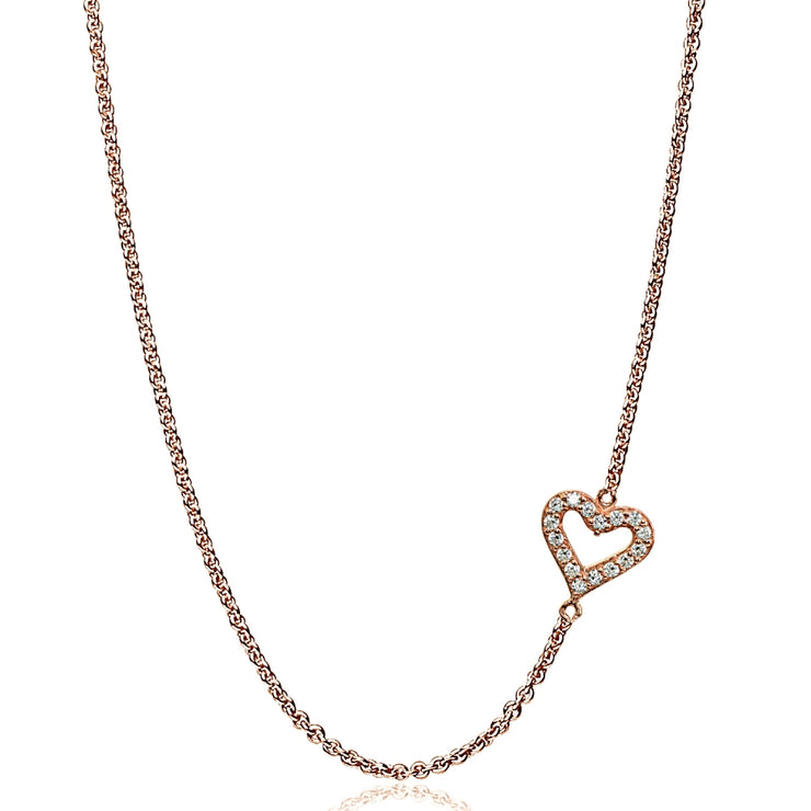 Rose Gold Flashed Sterling Silver Cubic Zirconia Dainty Heart Sideways Chain Necklace, 16" + Extender