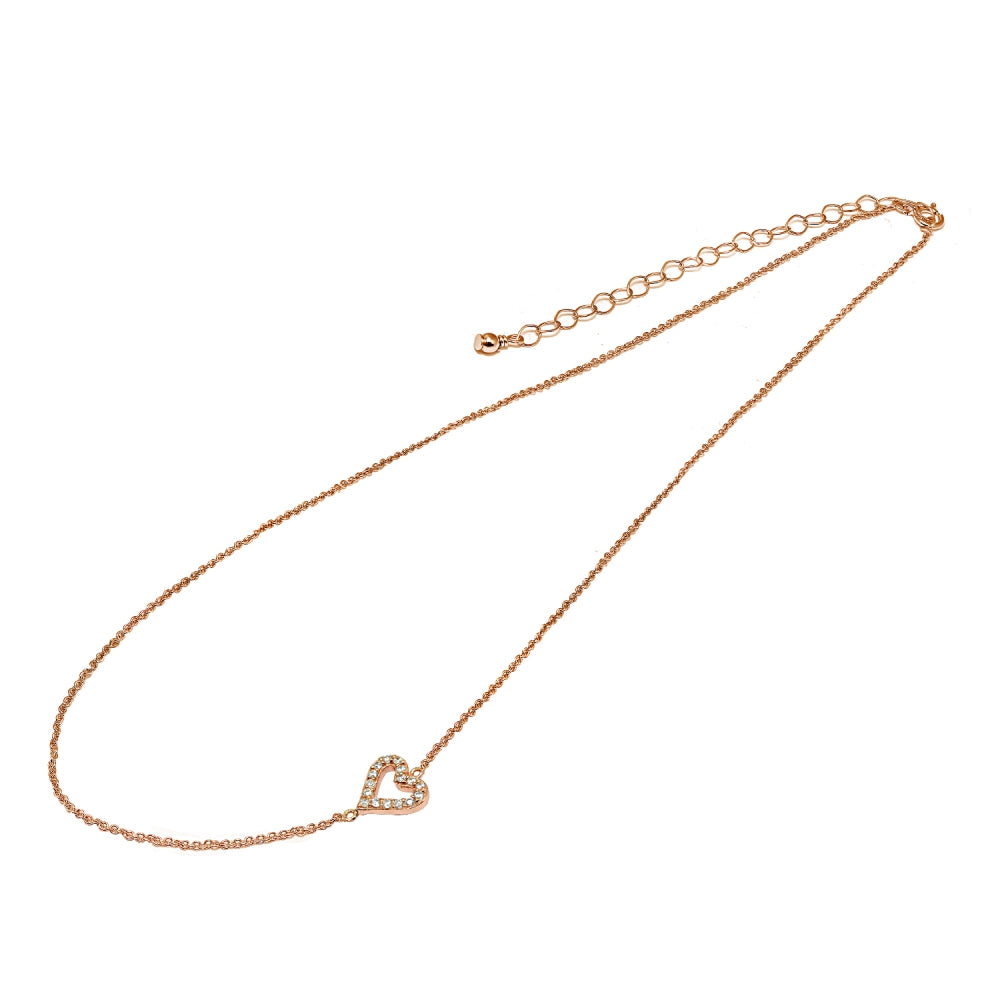 Rose Gold Flashed Sterling Silver Cubic Zirconia Dainty Heart Sideways Chain Necklace, 16" + Extender-2