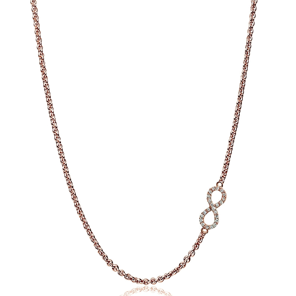Rose Gold Flashed Sterling Silver Cubic Zirconia Infinity Figure 8 Sideways Chain Necklace, 16" + Extender