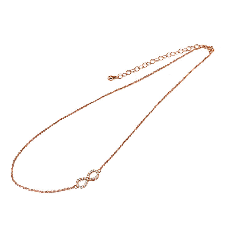 Rose Gold Flashed Sterling Silver Cubic Zirconia Infinity Figure 8 Sideways Chain Necklace, 16" + Extender