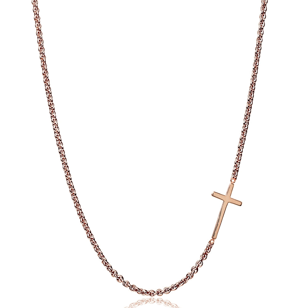 Rose Gold Flashed Sterling Silver Polished Cross Sideways Chain Necklace, 16" + Extender
