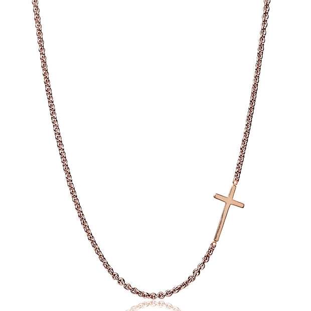 Rose Gold Flashed Sterling Silver Polished Cross Sideways Chain Necklace, 16" + Extender