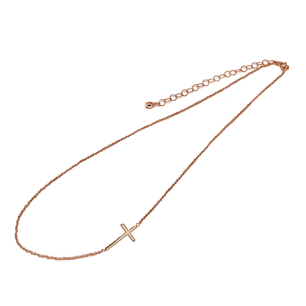 Rose Gold Flashed Sterling Silver Polished Cross Sideways Chain Necklace, 16" + Extender-2