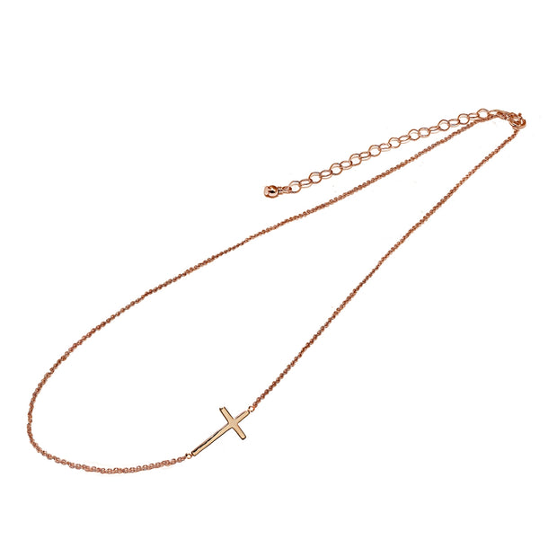 Rose Gold Flashed Sterling Silver Polished Cross Sideways Chain Necklace, 16" + Extender