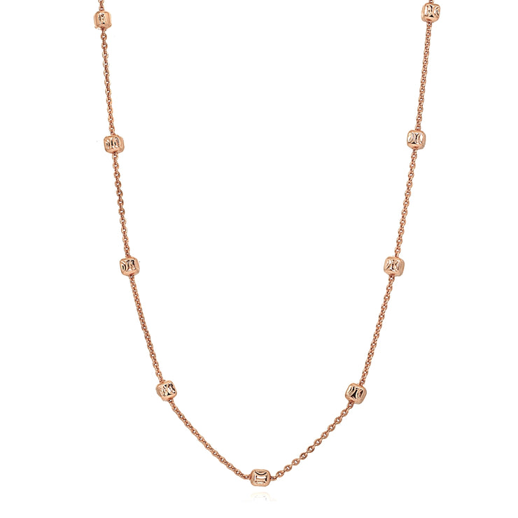 Rose Gold Flashed Sterling Silver Italian Polished Square Cube Bead Station Cable Chain Necklace, 18 Inch