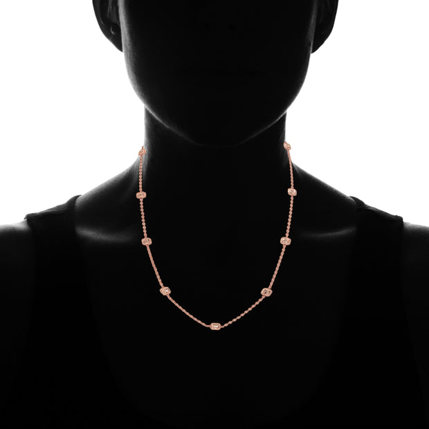 Rose Gold Flashed Sterling Silver Italian Polished Square Cube Bead Station Cable Chain Necklace, 18 Inch