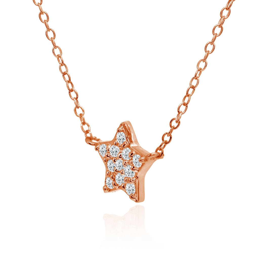 Rose Gold Flashed Sterling Silver Cubic Zirconia Polished Star Dainty Minimalist Necklace-2