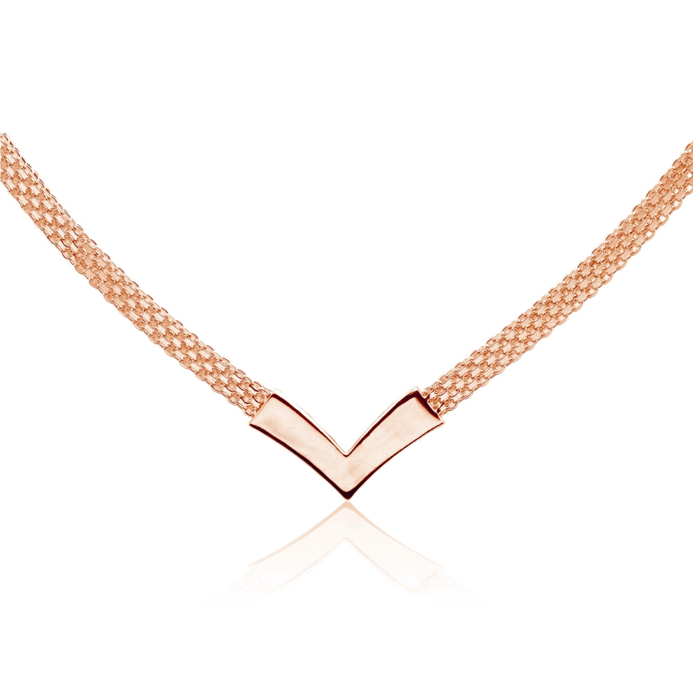 Rose Gold Flashed Sterling Silver Polished Chevron V Clavicle Mesh Chain Necklace