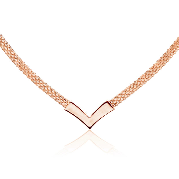 Rose Gold Flashed Sterling Silver Polished Chevron V Clavicle Mesh Chain Necklace