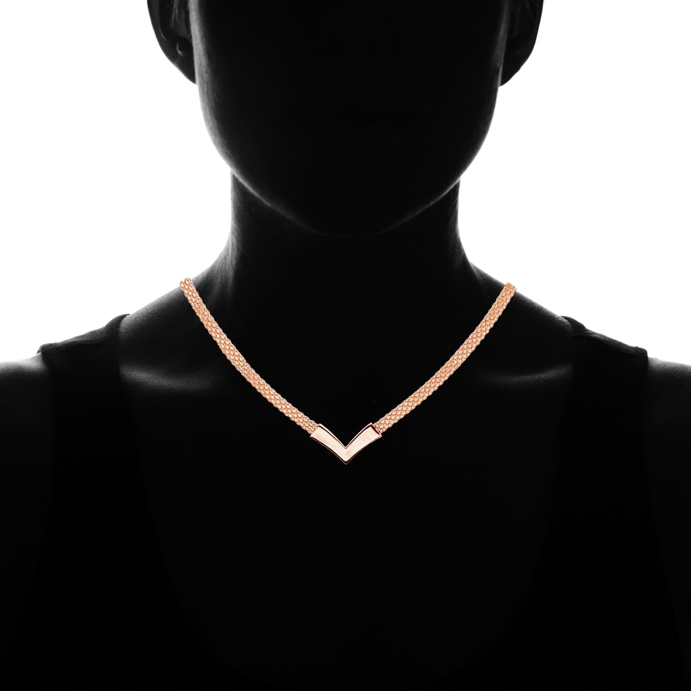 Rose Gold Flashed Sterling Silver Polished Chevron V Clavicle Mesh Chain Necklace-3