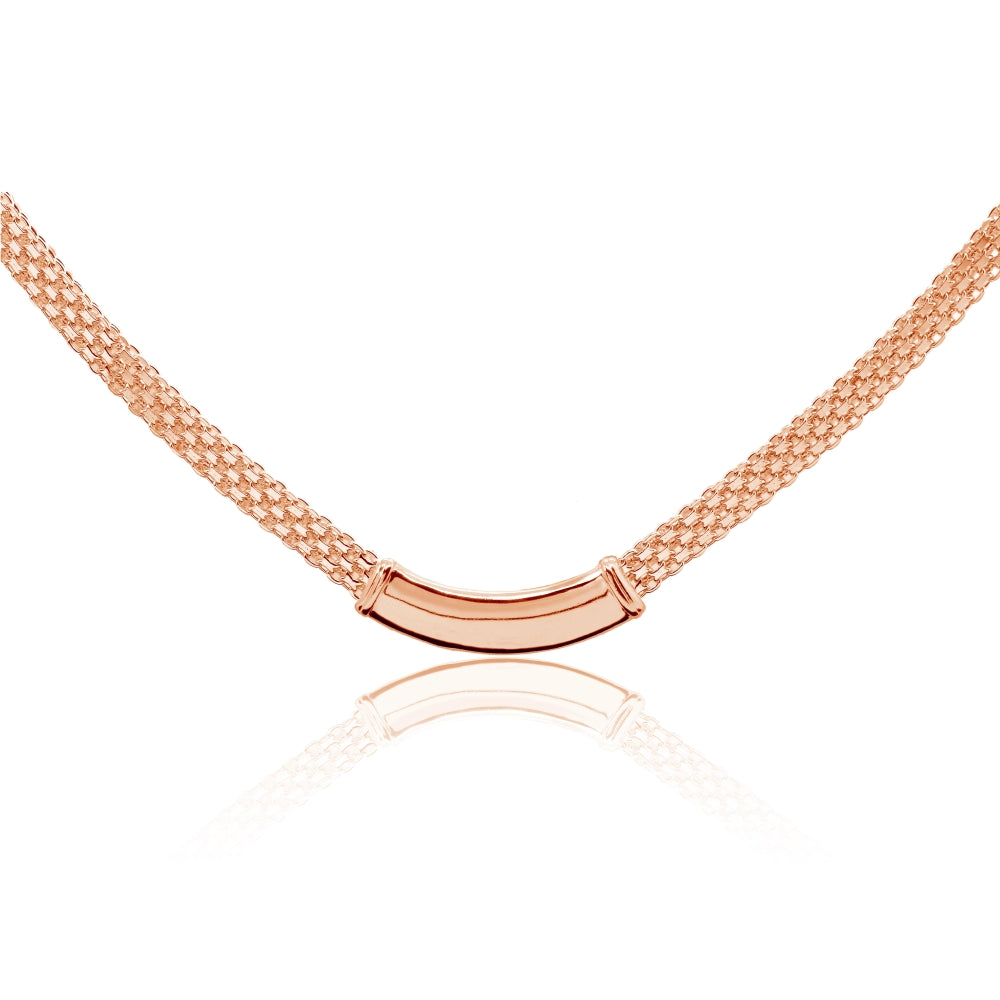 Rose Gold Flashed Sterling Silver Polished Curved Bar Tube Clavicle Mesh Chain Necklace