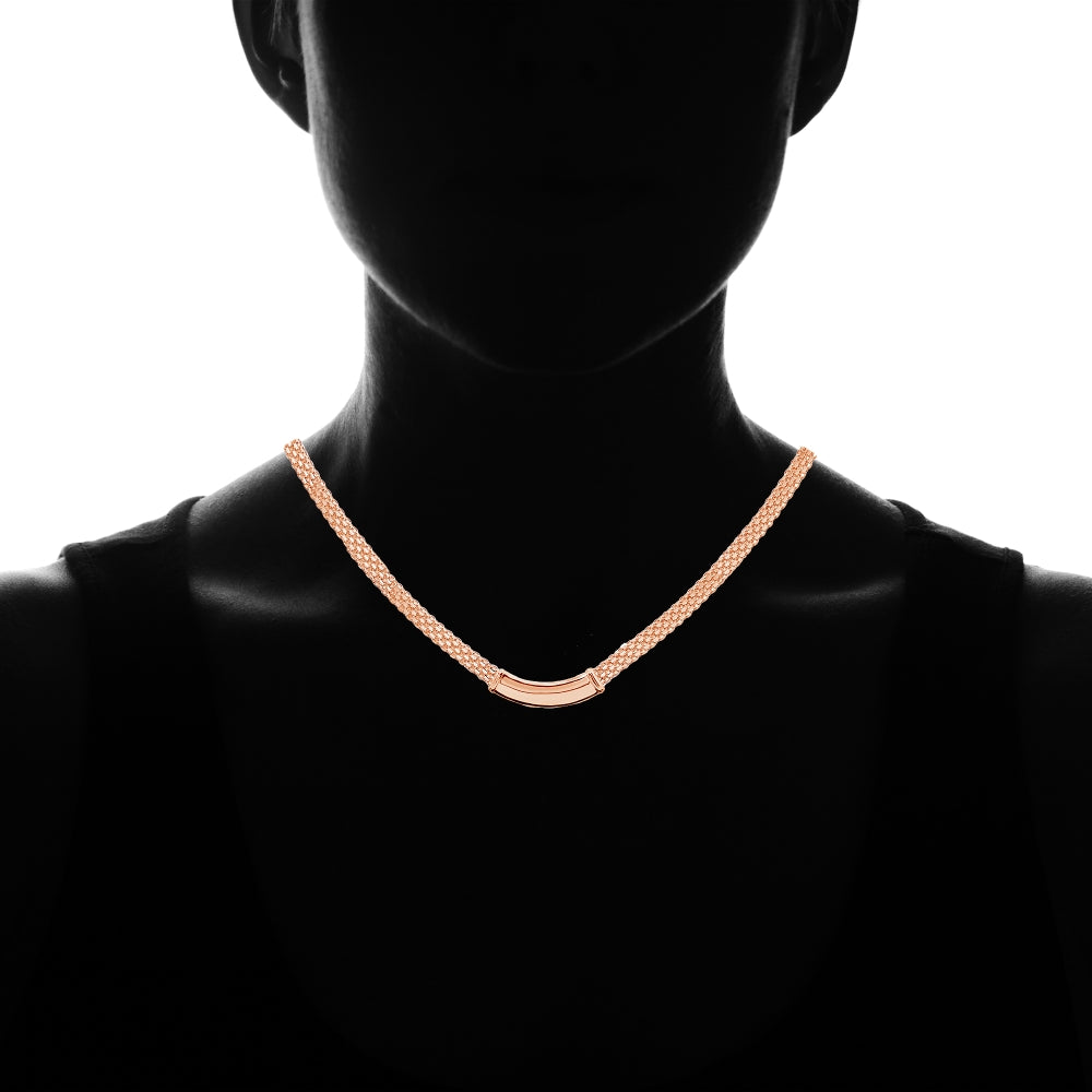 Rose Gold Flashed Sterling Silver Polished Curved Bar Tube Clavicle Mesh Chain Necklace-3