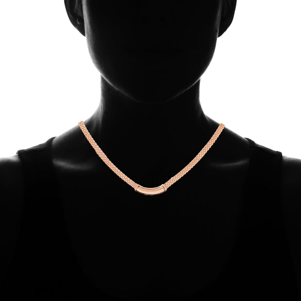 Rose Gold Flashed Sterling Silver Polished Curved Bar Tube Clavicle Mesh Chain Necklace