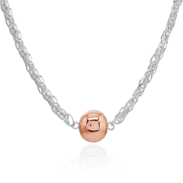Two-Tone Rose Gold Flashed Sterling Silver Polished Round Ball Bead Wheat Spiga Chain Necklace, 17 Inch