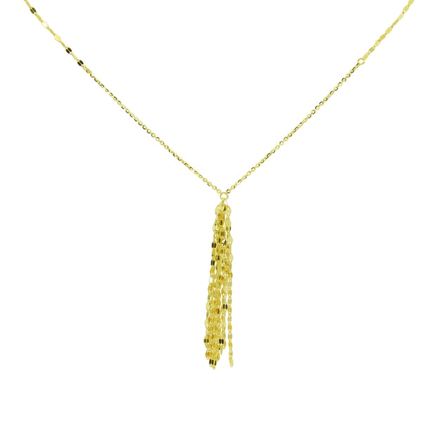 14K Yellow Gold Italian Chain Hammered Mariner Tassel Dainty Lariat Y-Necklace