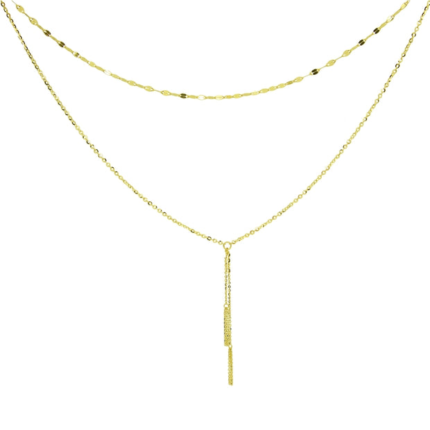 14K Yellow Gold Italian Chain Hammered Mariner Layered Dainty Lariat Y-Necklace
