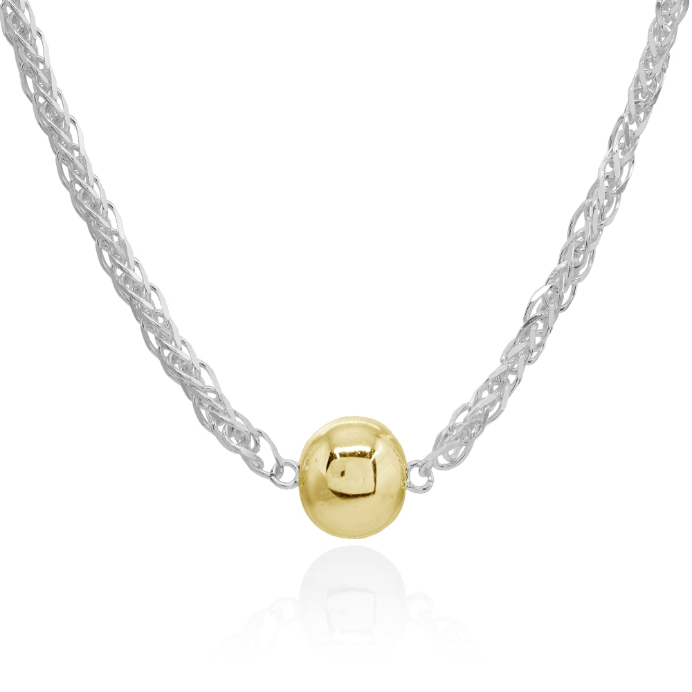 Two-Tone Yellow Gold Flashed Sterling Silver Polished Round Ball Bead Wheat Spiga Chain Necklace, 17 Inch